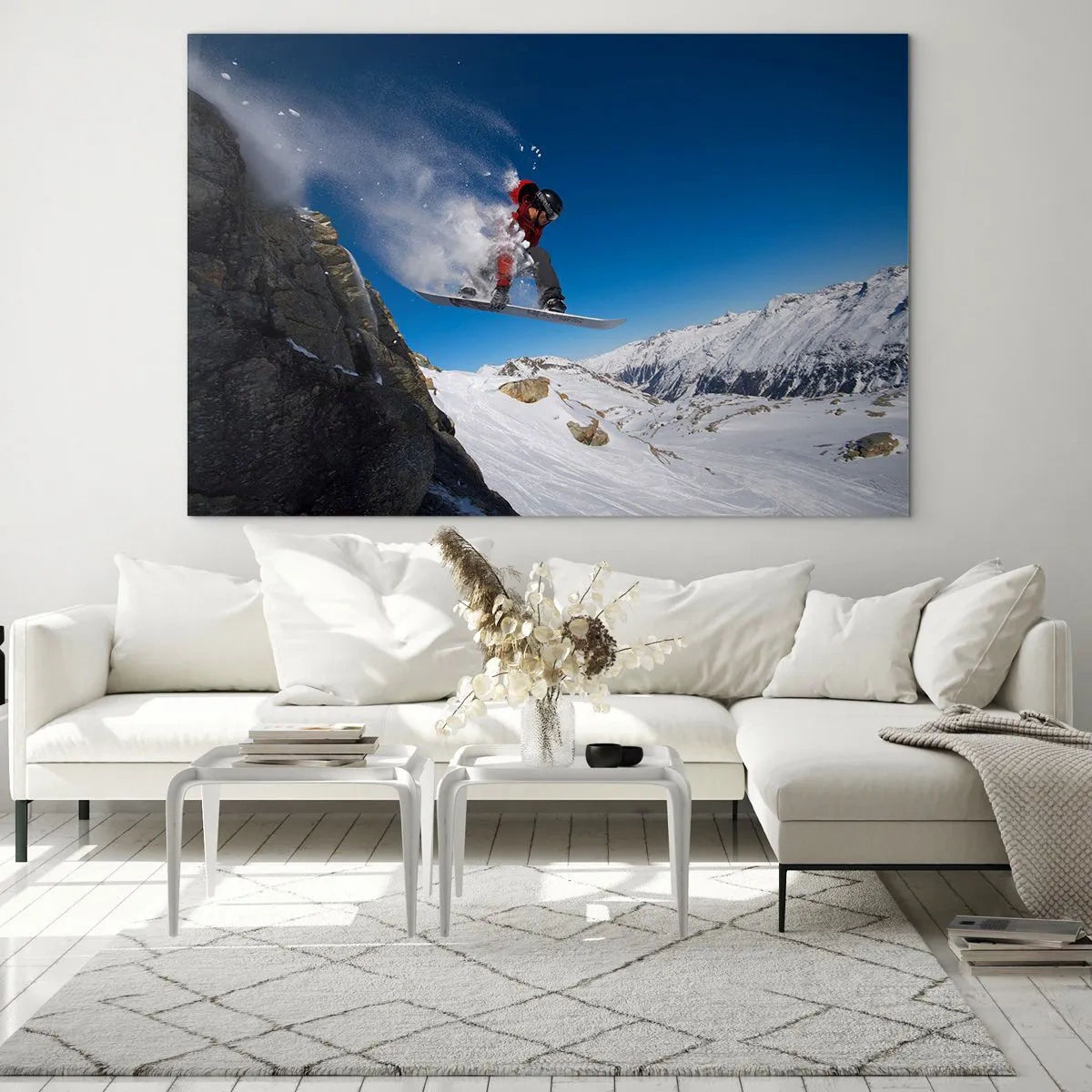 Cuadro sobre vidrio - Impresiones sobre Vidrio - Un snowboarder salta con un telón de fondo de montaña. - 120x80cm - Y te convertiste en parte del lugar - Decoración de pared moderna para salón y dormitorio ARTTOR