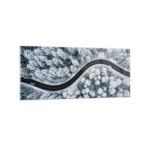 Cuadro sobre vidrio - Impresiones sobre Vidrio - Una vista de pájaro de un camino sinuoso en un bosque invernal. - 120x50cm - A través de un bosque invernal - Decoración de pared moderna para salón y dormitorio ARTTOR