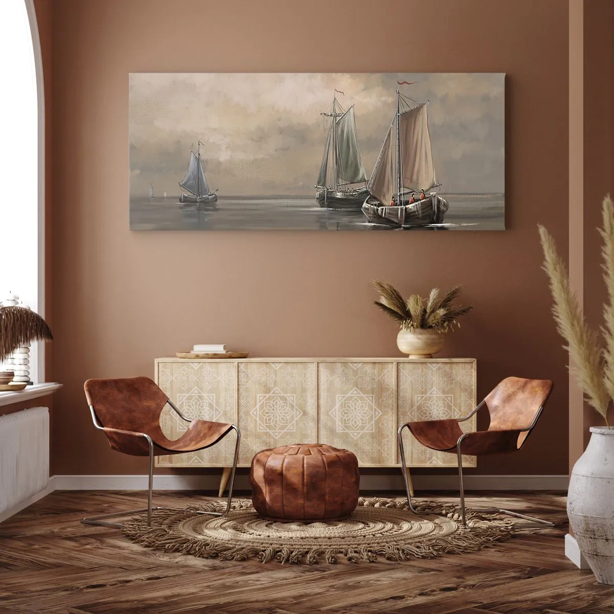 Cuadro sobre lienzo - Impresión de Imagen - Veleros en un mar en calma en un entorno pastel - 160x50cm - El regreso de los marineros - Decoración de pared moderna para salón y dormitorio ARTTOR