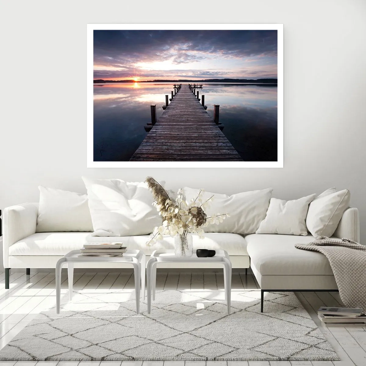 Póster - Un muelle en un lago al atardecer en un paisaje tranquilo. - 100x70cm - Frontera silenciosa del día y la noche - Decoración de pared moderna para salón y dormitorio ARTTOR