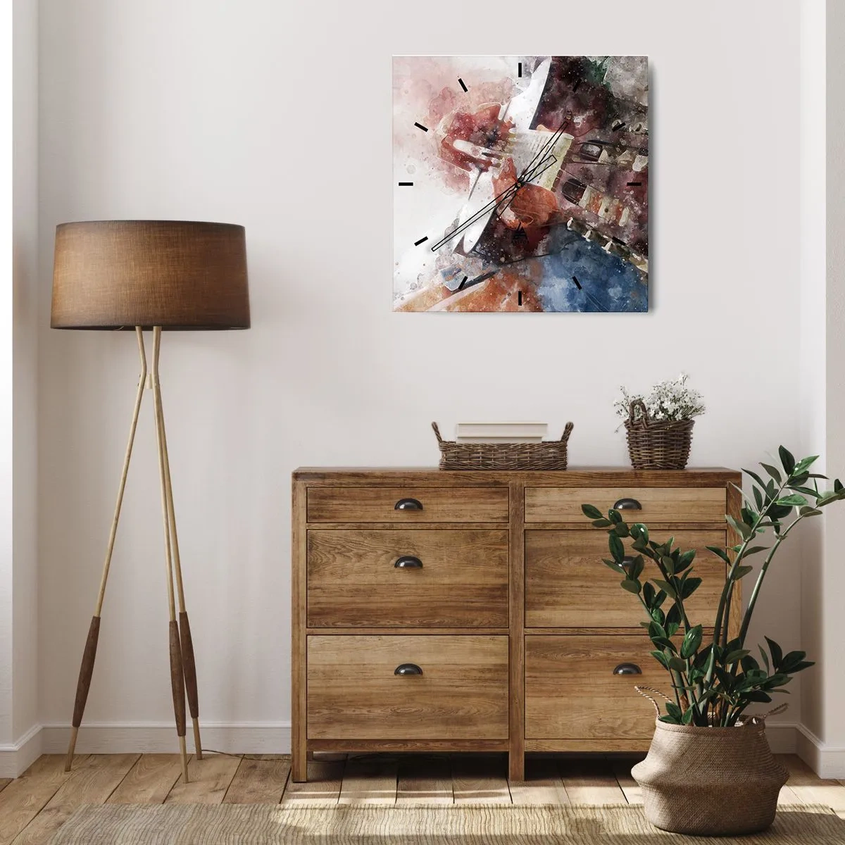 Reloj de pared - Reloj de vidrio - Una interpretación artística de una guitarra en estilo acuarela. - 30x30cm - ¿Y qué opinas? - Decoración de pared moderna para salón y dormitorio ARTTOR