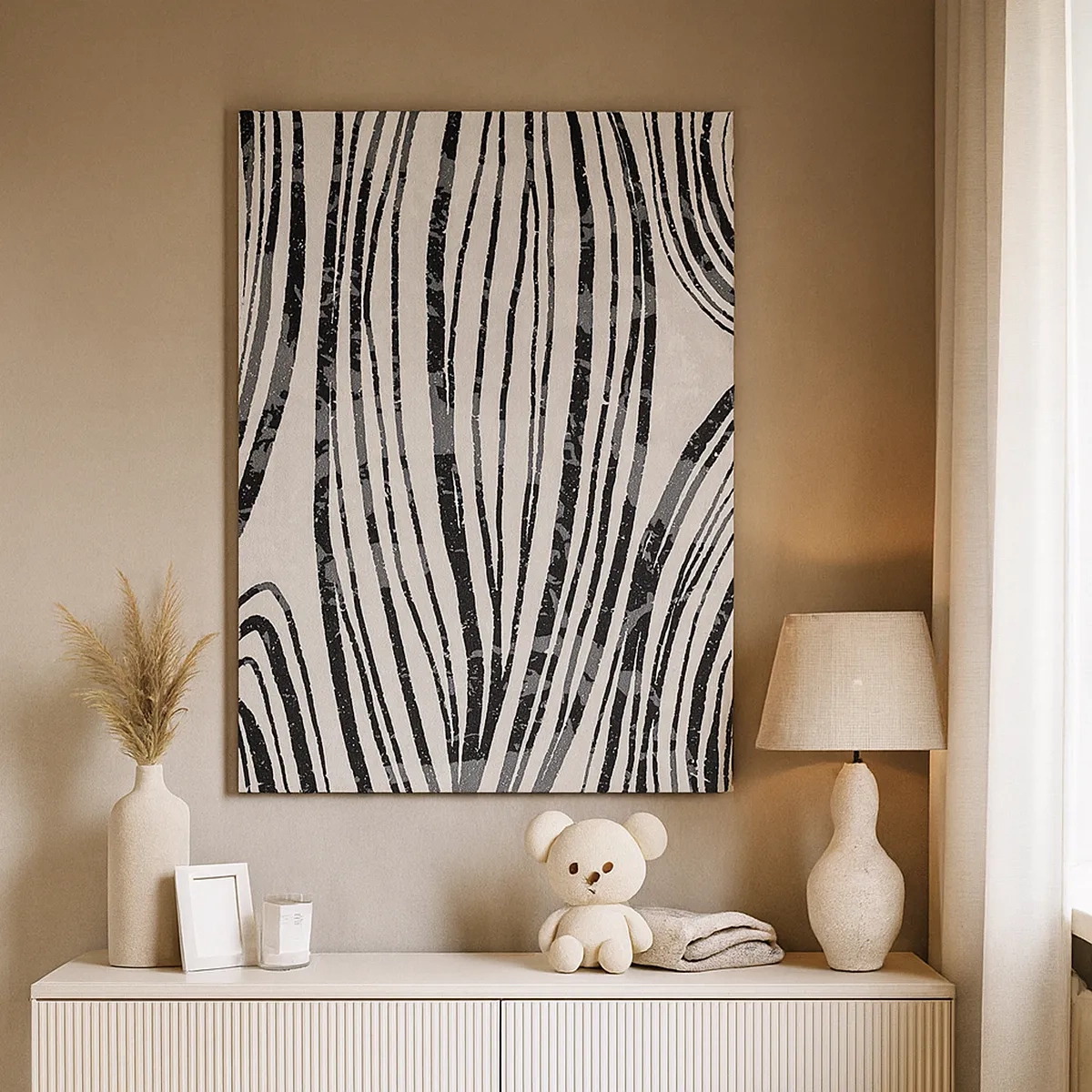 Cuadro sobre lienzo - Impresión de Imagen - Ondas abstractas en tonos blanco y negro - 50x70cm - Salpicadura de líneas - Decoración de pared moderna para salón y dormitorio ARTTOR