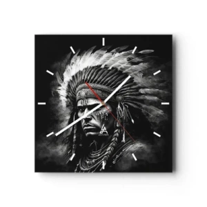 Reloj de pared - Reloj de vidrio - Retrato de un jefe con un tocado de plumas sobre un fondo negro - 30x30cm - Líder y guerrero - Decoración de pared moderna para salón y dormitorio ARTTOR