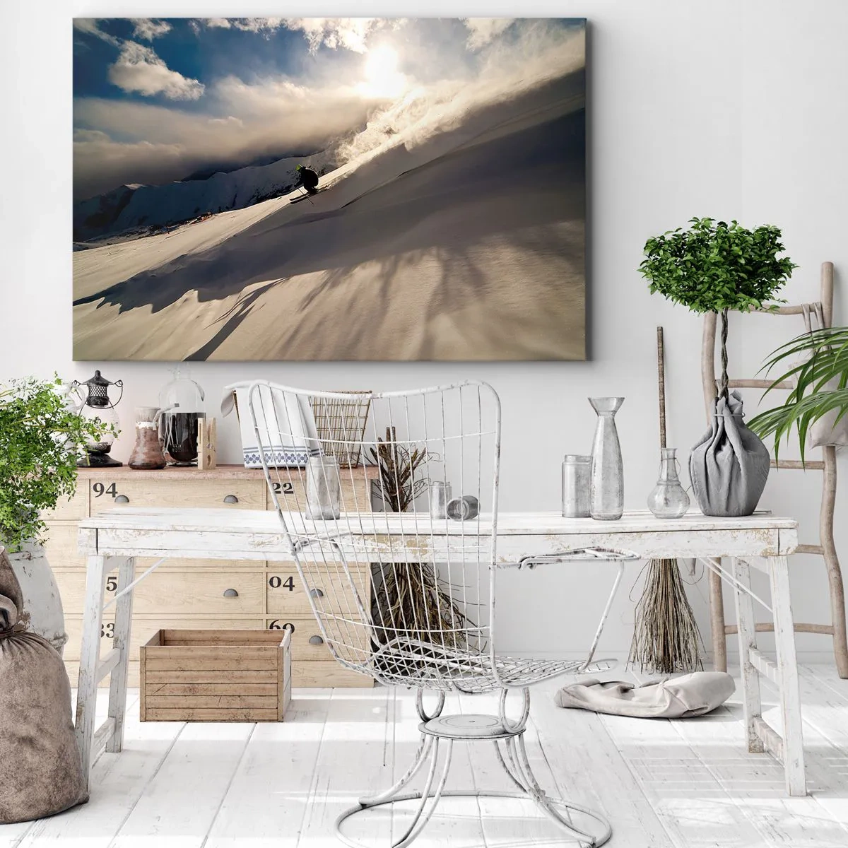 Cuadro sobre lienzo - Impresión de Imagen - Un esquiador en una pendiente rodeada de montañas y nieve. - 100x70cm - Reto de montaña asumido - Decoración de pared moderna para salón y dormitorio ARTTOR