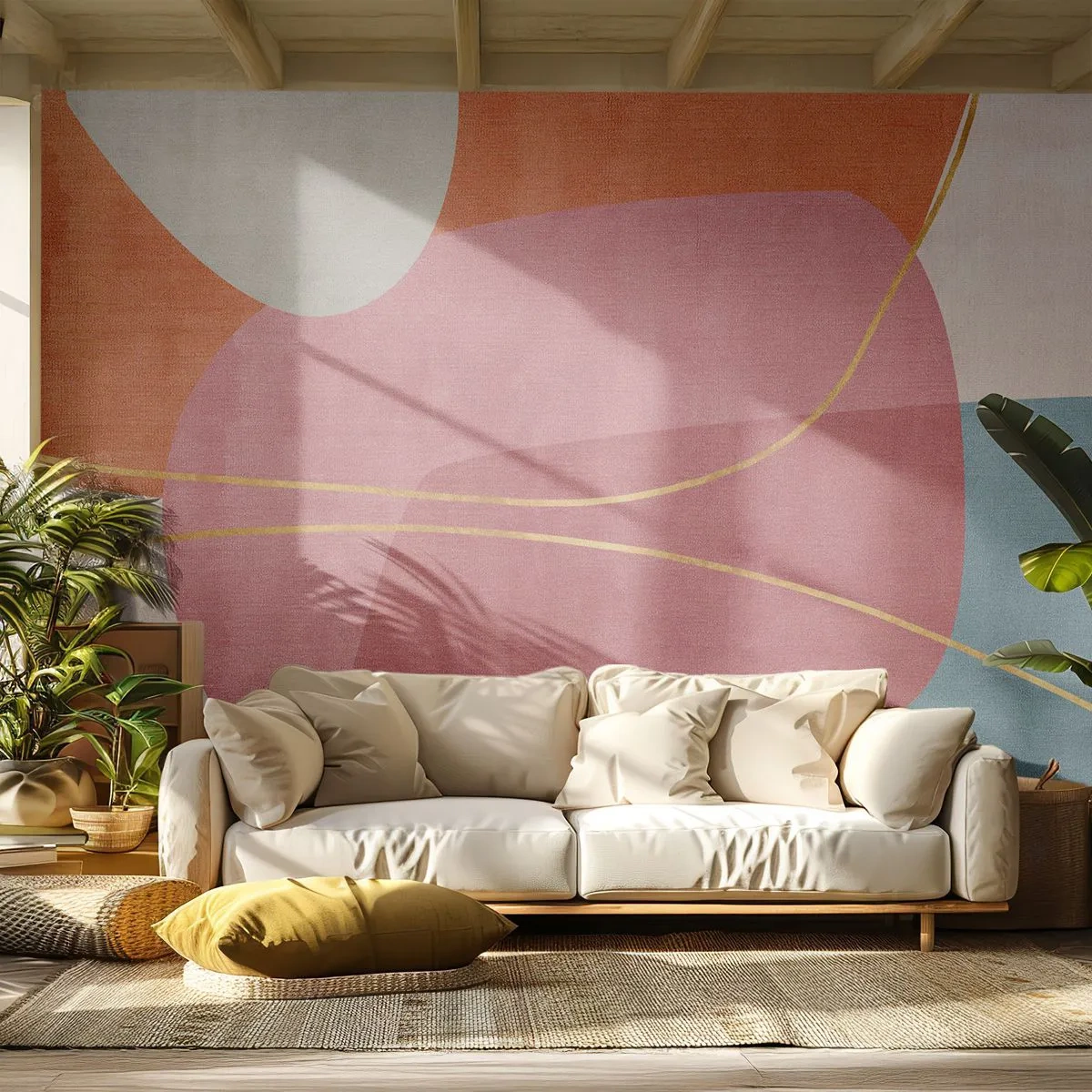 Fotomural Premium Canvas - Composición en pastel con hilos de oro - Abstracción, Minimalismo, formas - 350x256 cm