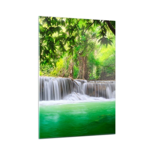 Cuadro sobre vidrio - Impresiones sobre Vidrio - Una cascada en un bosque tropical con agua cristalina. - 50x70cm - Cascada en verde - Decoración de pared moderna para salón y dormitorio ARTTOR