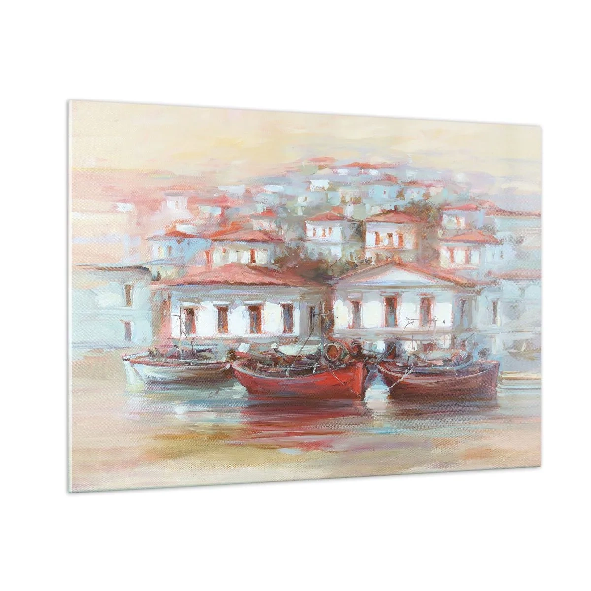 Cuadro sobre vidrio - Impresiones sobre Vidrio - Un pueblo pintoresco con barcos en el puerto al atardecer. - 100x70cm - Ciudad feliz - Decoración de pared moderna para salón y dormitorio ARTTOR