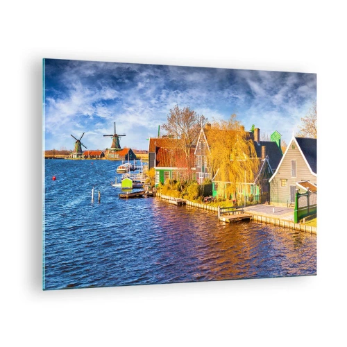 Cuadro sobre vidrio - Impresiones sobre Vidrio - Pintorescas casas holandesas frente al mar con molinos de viento - 70x50cm - Durante siglos, sin cambios - Decoración de pared moderna para salón y dormitorio ARTTOR