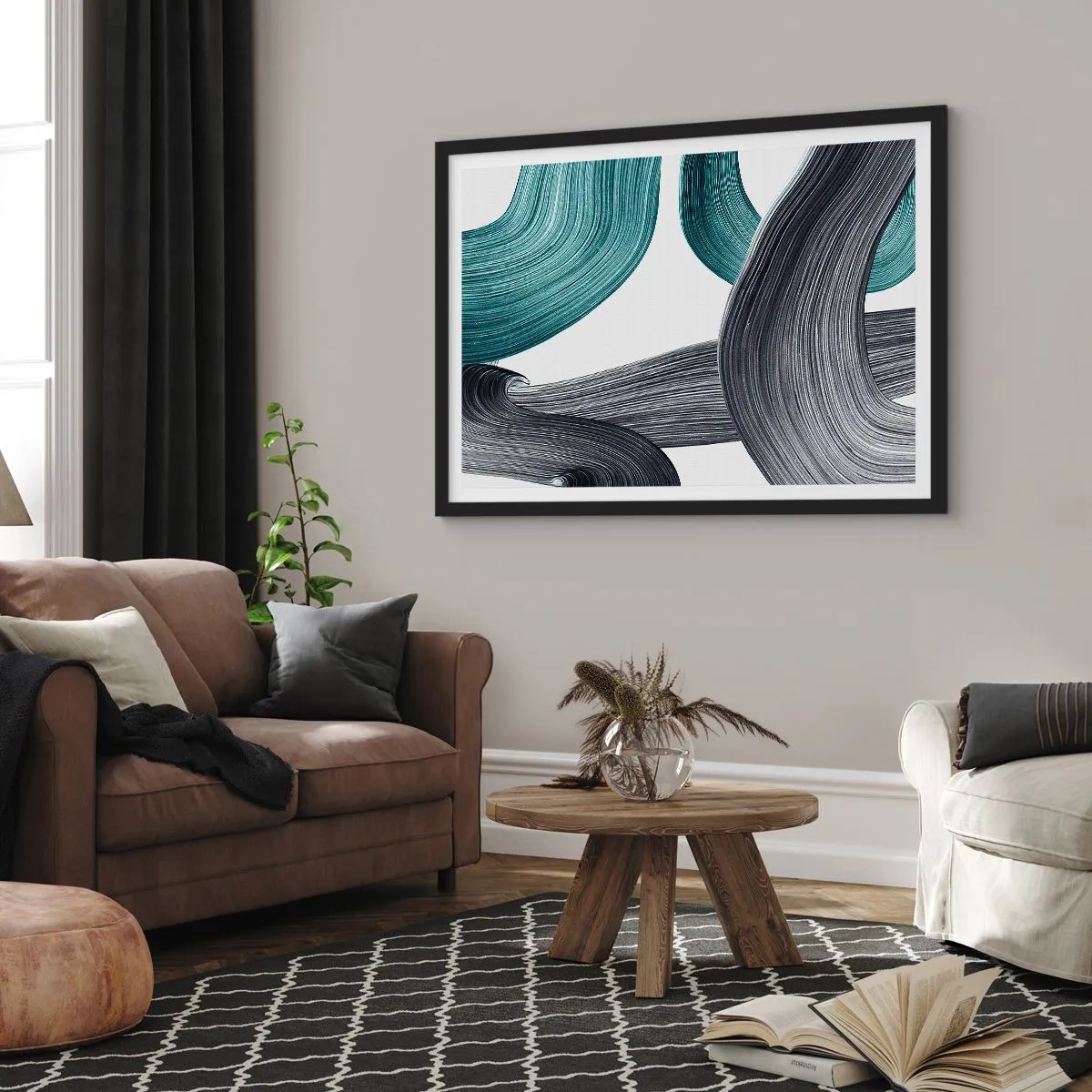 Póster en marco negro - Líneas abstractas fluidas en tonos verdes y grises. - 70x50cm - Senderos esmeralda y negro - Decoración de pared moderna para salón y dormitorio ARTTOR
