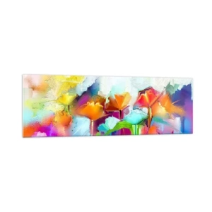 Cuadro sobre vidrio - Impresiones sobre Vidrio - Flores abstractas de colores sobre un fondo claro - 160x50cm - Un arco iris ha florecido - Decoración de pared moderna para salón y dormitorio ARTTOR