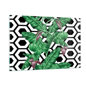 Cuadro sobre vidrio - Impresiones sobre Vidrio - Hojas y flores tropicales sobre un fondo con patrón geométrico en blanco y negro - 120x80cm - Composición simétrica de la naturaleza - Decoración de pared moderna para salón y dormitorio ARTTOR