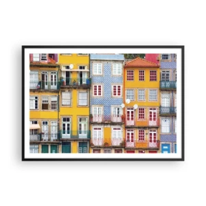 Póster en marco negro - Fachadas coloridas de casas de vecindad en el paisaje urbano - 100x70cm - Los colores de la ciudad vieja - Decoración de pared moderna para salón y dormitorio ARTTOR
