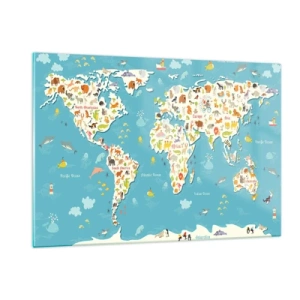 Cuadro sobre vidrio - Impresiones sobre Vidrio - Mapa del mundo colorido con motivos de animales y océanos - 120x80cm - Amamos al mundo entero - Decoración de pared moderna para salón y dormitorio ARTTOR