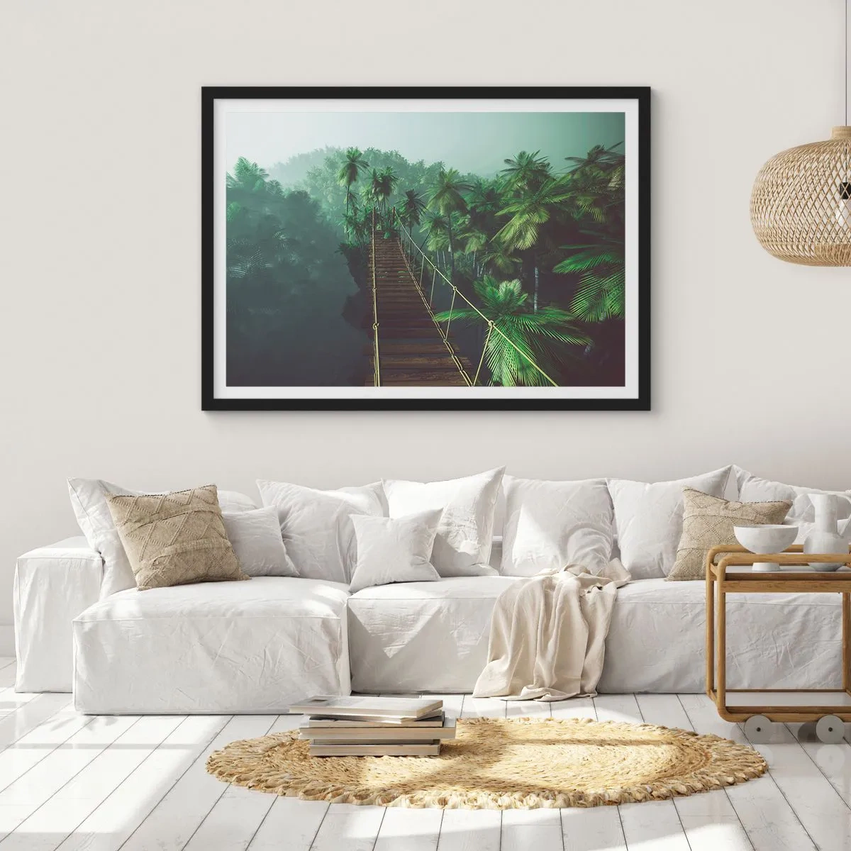Póster en marco negro - Un puente colgante en un bosque tropical rodeado de niebla. - 70x50cm - Sobre un mar de verde - Decoración de pared moderna para salón y dormitorio ARTTOR