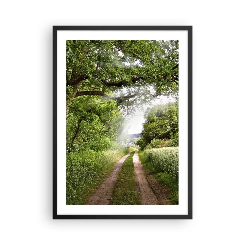 Póster en marco negro - Un camino de tierra sombreado y rodeado de exuberantes árboles verdes y prados. - 50x70cm - Ensueño - Decoración de pared moderna para salón y dormitorio ARTTOR