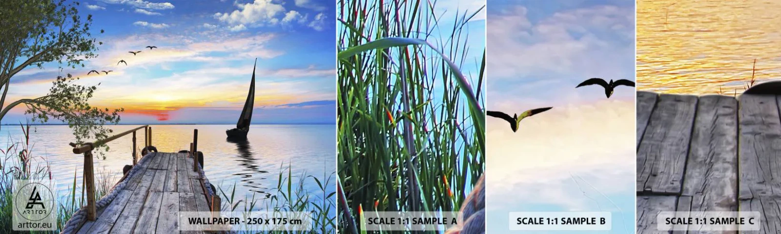 Muestra de fotomural autoadhesivo Deluxe Sticker - Que llegue la noche - Paisaje, Lago, Puente de madera - 100x30 cm