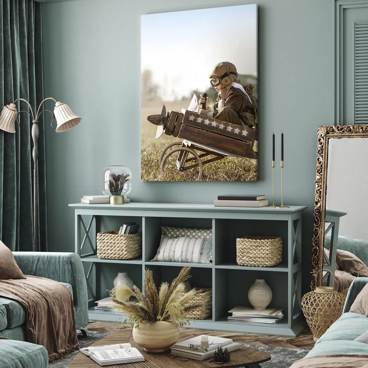 Cuadro sobre lienzo - Impresión de Imagen - Un niño en un avión de juguete con un campo al fondo. - 50x70cm - Despegue hacia un sueño - Decoración de pared moderna para salón y dormitorio ARTTOR
