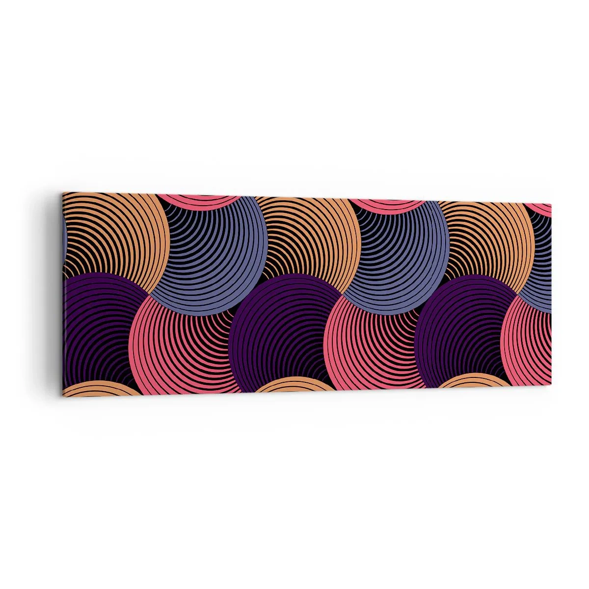 Cuadro sobre lienzo - Impresión de Imagen - Círculos geométricos en tonos rosa, morado y dorado. - 140x50cm - En un ritmo circular - Decoración de pared moderna para salón y dormitorio ARTTOR