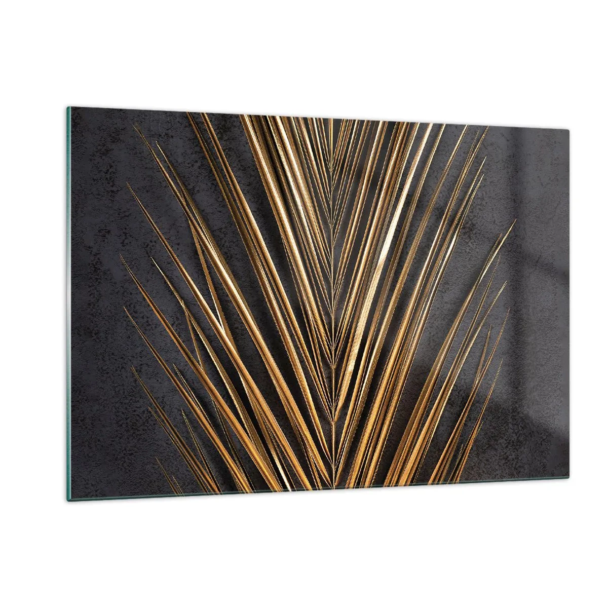 Cuadro sobre vidrio - Impresiones sobre Vidrio - Hoja de palma dorada sobre un fondo oscuro - 120x80cm - El oro de los trópicos - Decoración de pared moderna para salón y dormitorio ARTTOR
