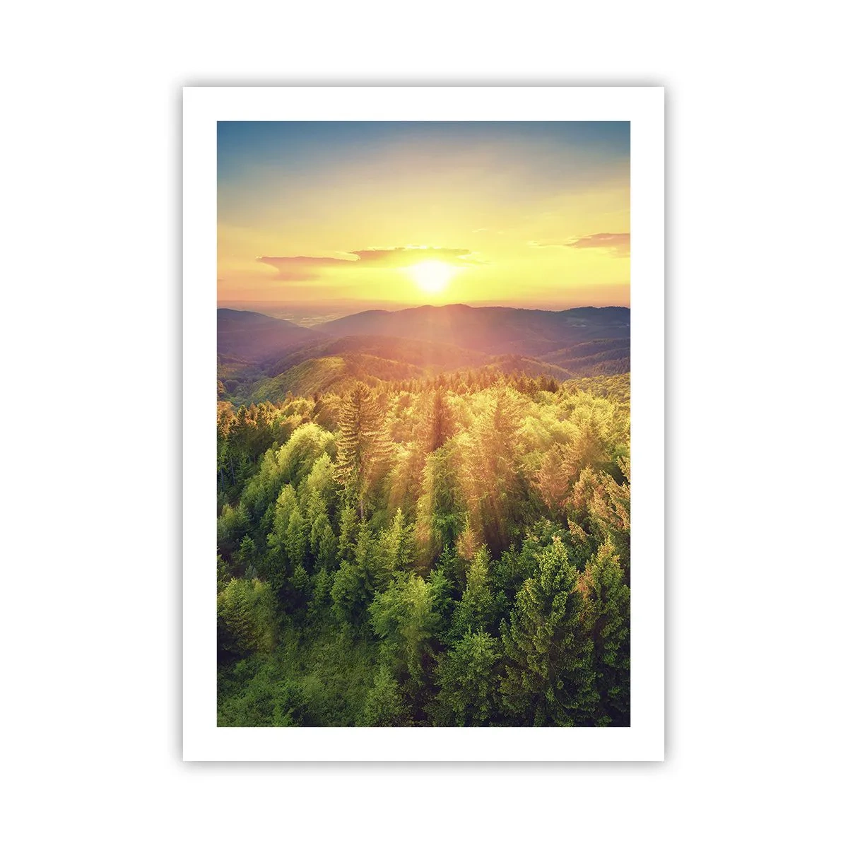 Póster - Puesta de sol sobre un bosque montañoso lleno de vegetación. - 50x70cm - Desde lo alto - Decoración de pared moderna para salón y dormitorio ARTTOR