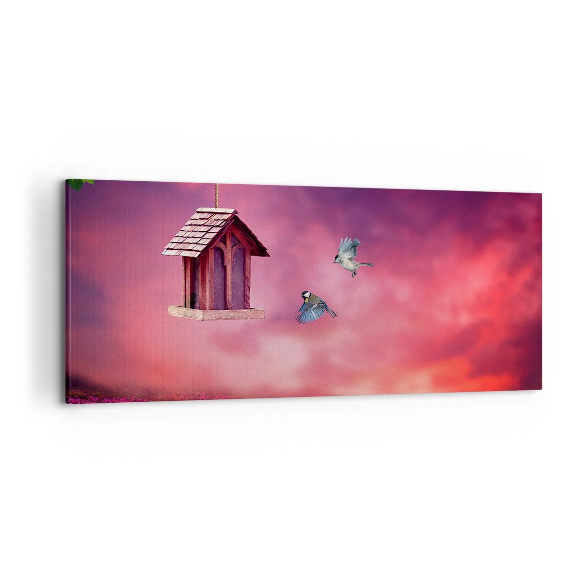 Cuadro sobre lienzo - Impresión de Imagen - Un paisaje pintoresco con una casa para pájaros y una puesta de sol. - 120x50cm - Invitación a una cena - Decoración de pared moderna para salón y dormitorio ARTTOR