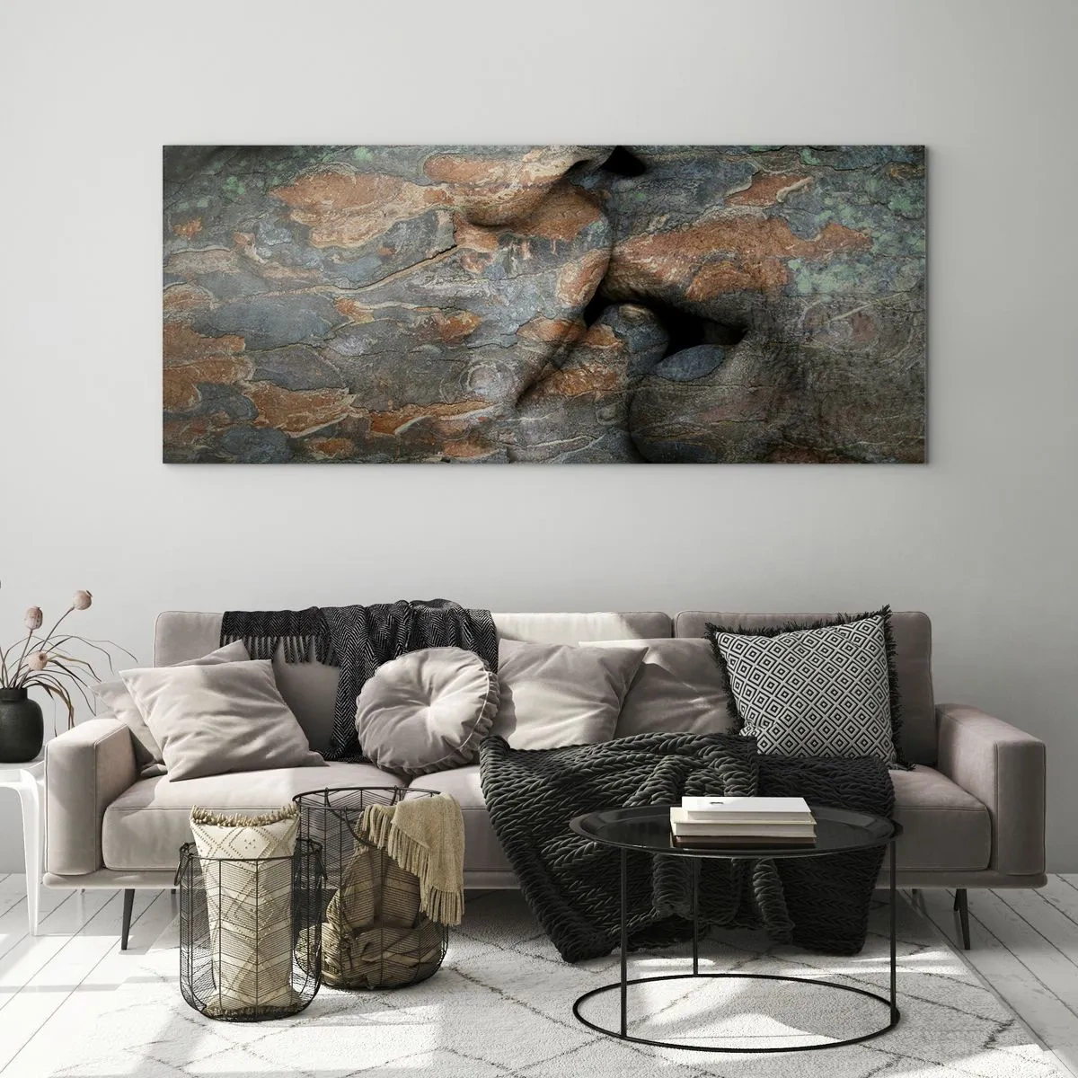 Cuadro sobre vidrio - Impresiones sobre Vidrio - Un motivo artístico de un rostro tallado en roca con efecto de textura natural. - 120x50cm - Juntos para siempre - Decoración de pared moderna para salón y dormitorio ARTTOR