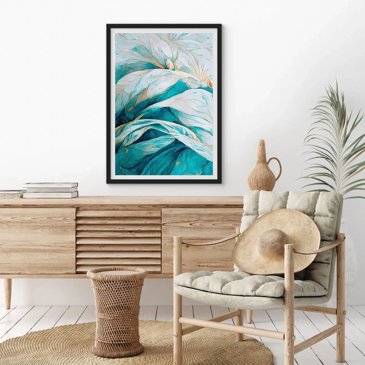 Póster en marco negro - Abstracción azul con motivos dorados - 70x100 cm