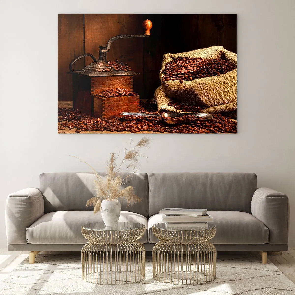Cuadro sobre vidrio - Impresiones sobre Vidrio - Un viejo molinillo de café con granos y una bolsa de café. - 70x50cm - Bodegón con granos de café y molinillo - Decoración de pared moderna para salón y dormitorio ARTTOR