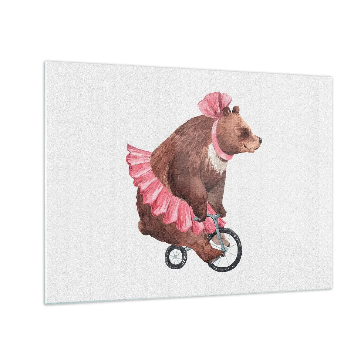 Cuadro sobre vidrio - Impresiones sobre Vidrio - Un oso con una falda rosa en un monociclo. - 70x50cm - ¡Qué circo! - Decoración de pared moderna para salón y dormitorio ARTTOR