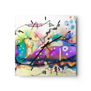 Reloj de pared - Reloj de vidrio - Peces abstractos en una composición colorida y surrealista. - 30x30cm - ¡No hay palabras! - Decoración de pared moderna para salón y dormitorio ARTTOR