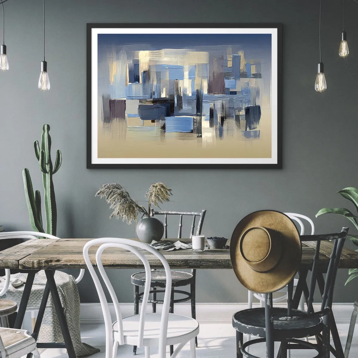 Póster en marco negro - Formas geométricas en tonos azules y beige. - 70x50cm - Construcción azul - Decoración de pared moderna para salón y dormitorio ARTTOR