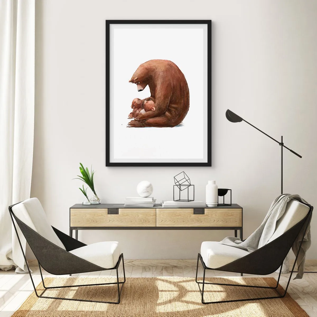 Póster en marco negro - Mamá osa abrazando a dos ositos en un sincero abrazo - 50x70cm - Dulces sueños, niños - Decoración de pared moderna para salón y dormitorio ARTTOR