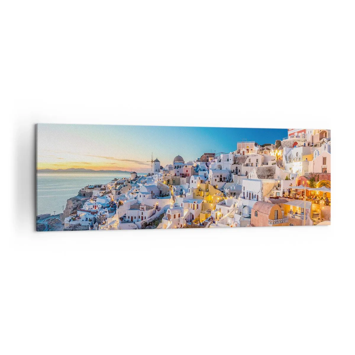 Cuadro sobre lienzo - Impresión de Imagen - Vista de una ciudad griega al atardecer - 160x50cm - La esencia de lo griego - Decoración de pared moderna para salón y dormitorio ARTTOR