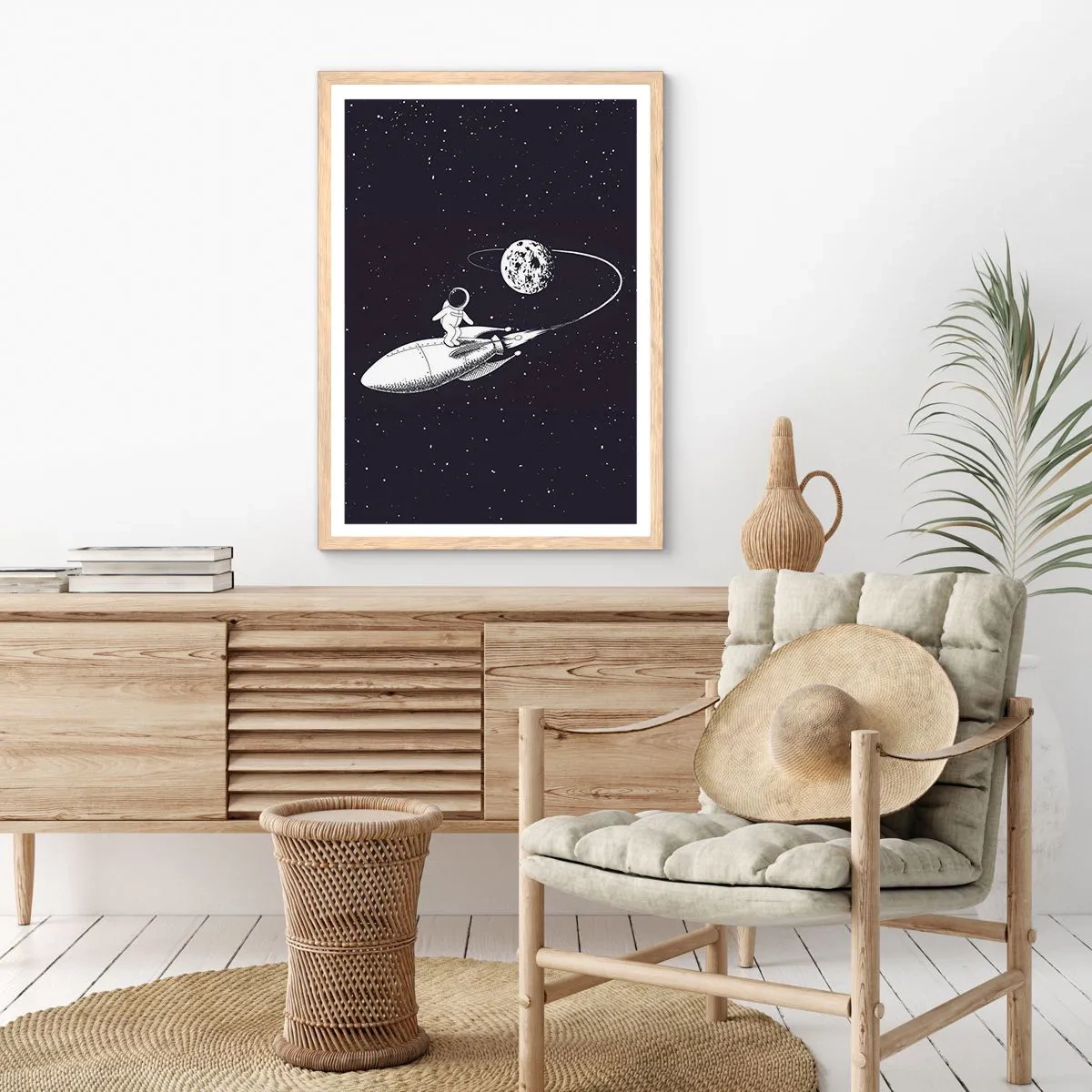 Póster en marco roble claro - Surfista espacial - 70x100 cm
