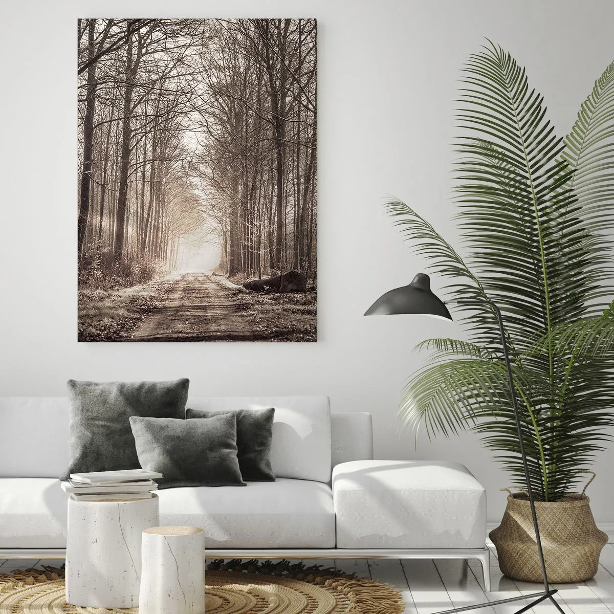 Cuadro sobre vidrio - Impresiones sobre Vidrio - Un sendero forestal entre árboles en tonos sepia. - 80x120cm - La catedral del bosque - Decoración de pared moderna para salón y dormitorio ARTTOR