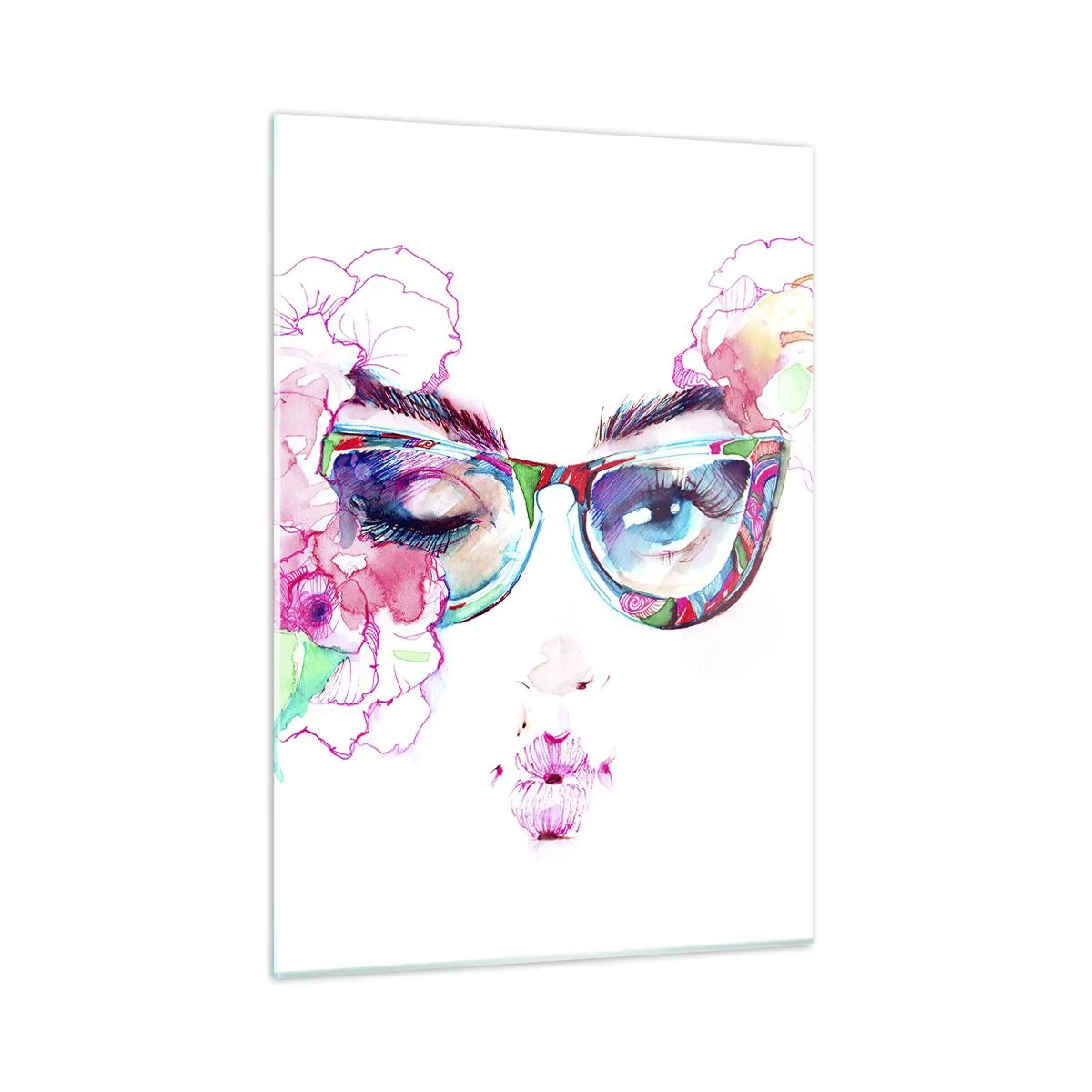 Cuadro sobre vidrio - Impresiones sobre Vidrio - Ojos de mujer con flores y gafas de colores en estilo acuarela. - 50x70cm - Una promesa tentadora - Decoración de pared moderna para salón y dormitorio ARTTOR