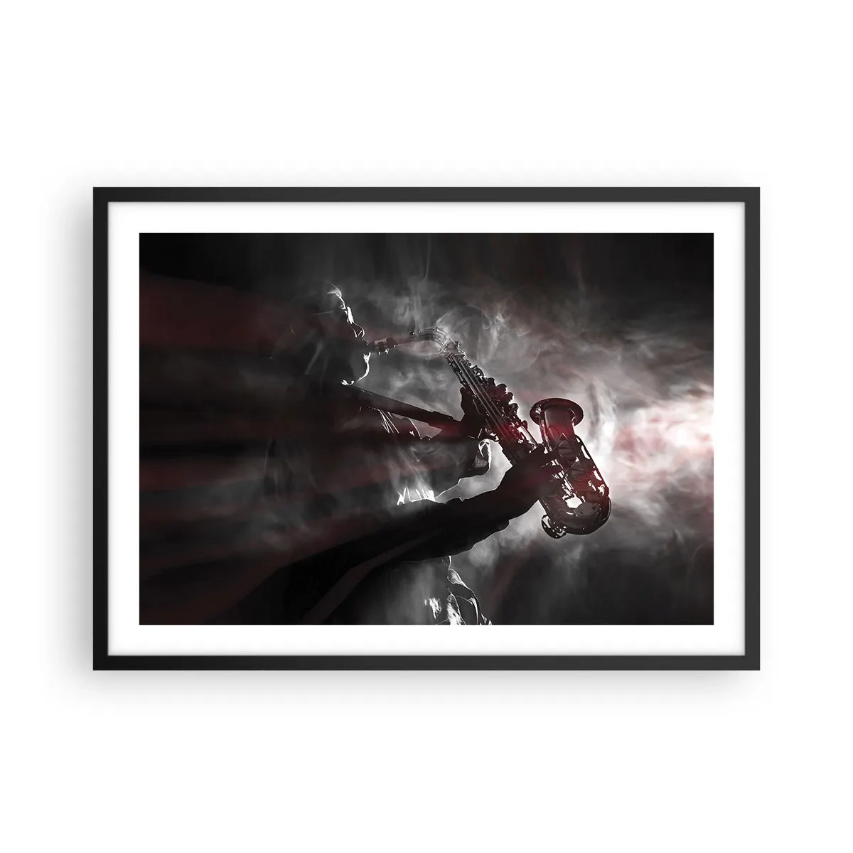 Póster en marco negro - Saxofonista en humo en el escenario en negro y rojo atmosférico - 70x50cm - En el vapor del jazz - Decoración de pared moderna para salón y dormitorio ARTTOR