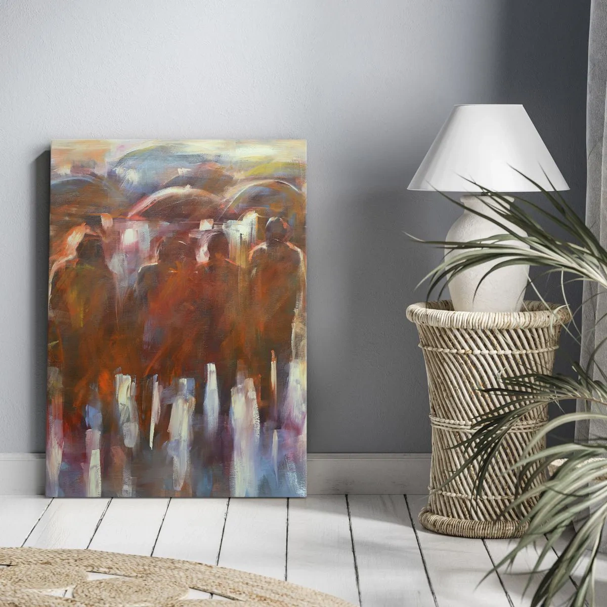 Cuadro sobre lienzo - Impresión de Imagen - Una multitud de personas con paraguas en un entorno artístico y lluvioso. - 80x120cm - Iguales entre la niebla - Decoración de pared moderna para salón y dormitorio ARTTOR