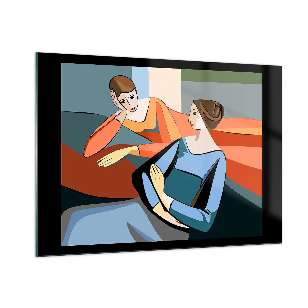 Cuadro sobre vidrio - Impresiones sobre Vidrio - Una escena geométrica de una conversación entre dos mujeres con el telón de fondo de un interior. - 100x70cm - Un momento de confidencias - Decoración de pared moderna para salón y dormitorio ARTTOR
