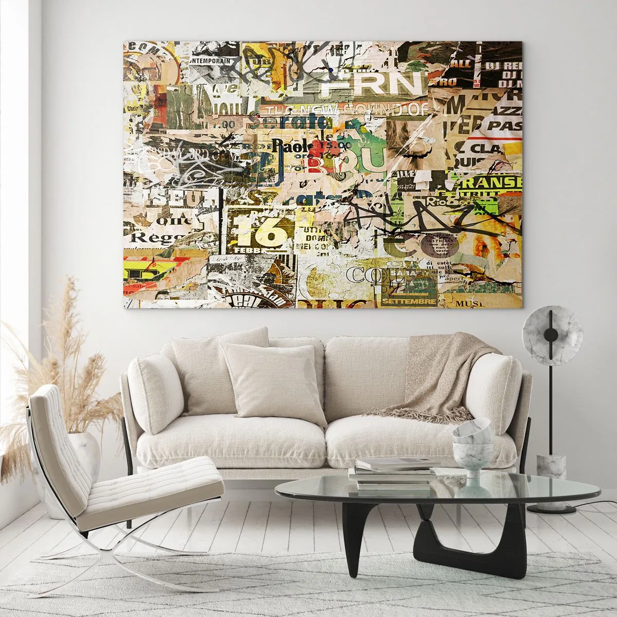 Cuadro sobre vidrio - Impresiones sobre Vidrio - Una composición artística de carteles, inscripciones y grafitis. - 120x80cm - Oh, está sucediendo... - Decoración de pared moderna para salón y dormitorio ARTTOR