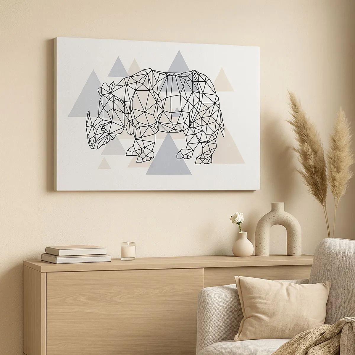 Cuadro sobre lienzo - Impresión de Imagen - Rinoceronte geométrico sobre un fondo de delicados triángulos. - 70x50cm - Estructura de la fuerza - Decoración de pared moderna para salón y dormitorio ARTTOR