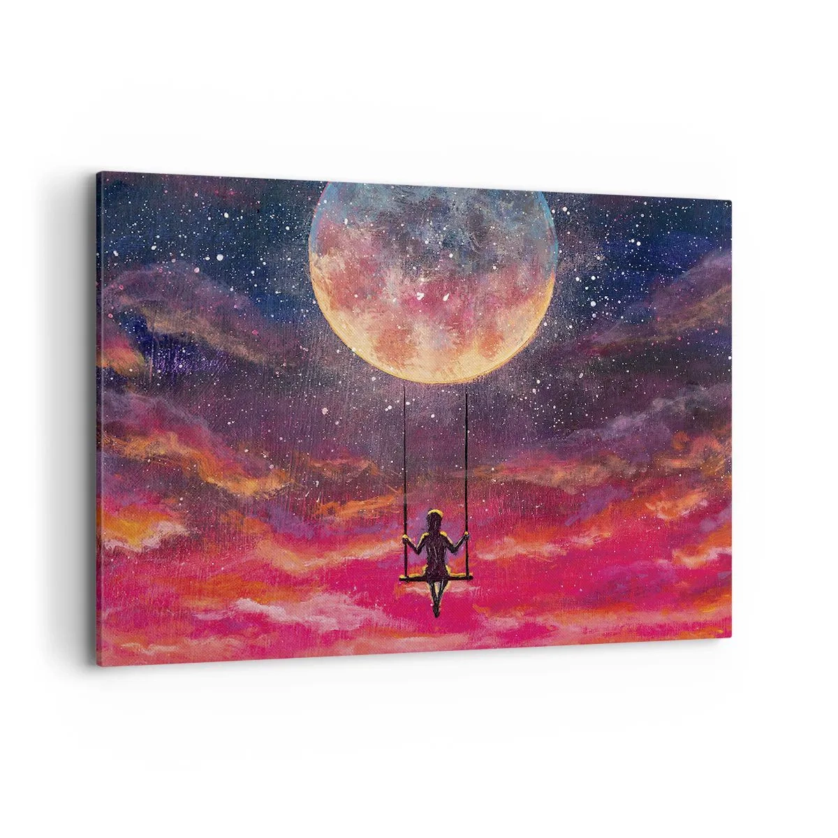 Cuadro sobre lienzo - Impresión de Imagen - Una figura en un columpio suspendido contra la luna. - 100x70cm - Disfrutar de las nubes - Decoración de pared moderna para salón y dormitorio ARTTOR