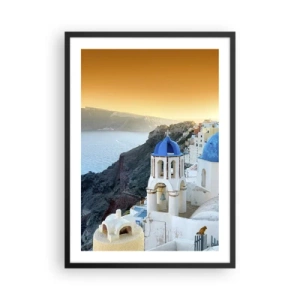 Póster en marco negro - Santorini con sus casas blancas y cúpulas azules - 50x70cm - Santorini - el abrazo a las rocas - Decoración de pared moderna para salón y dormitorio ARTTOR