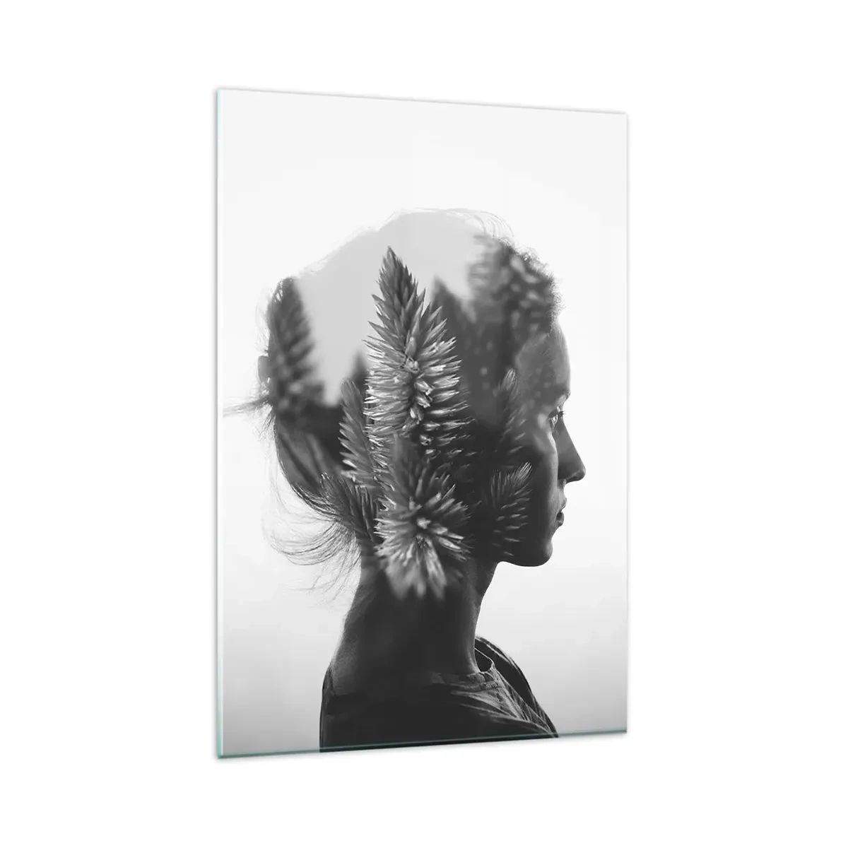 Cuadro sobre vidrio - Impresiones sobre Vidrio - Un retrato sutil con elementos de la naturaleza. - 80x120cm - La dama del bosque de pinos - Decoración de pared moderna para salón y dormitorio ARTTOR