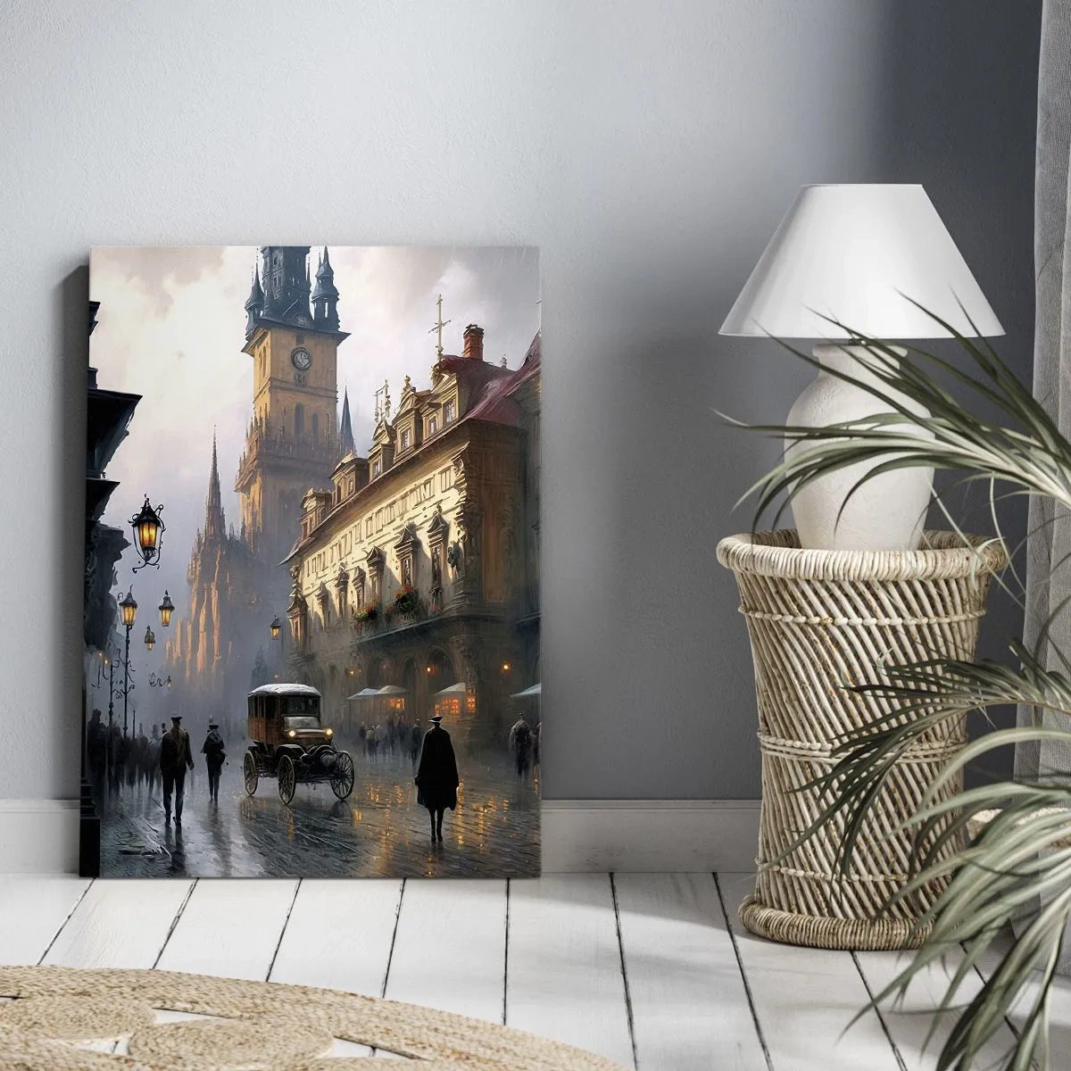 Cuadro sobre lienzo - Impresión de Imagen - Escena callejera nocturna con arquitectura histórica - 50x70cm - La magia de una noche de Praga - Decoración de pared moderna para salón y dormitorio ARTTOR
