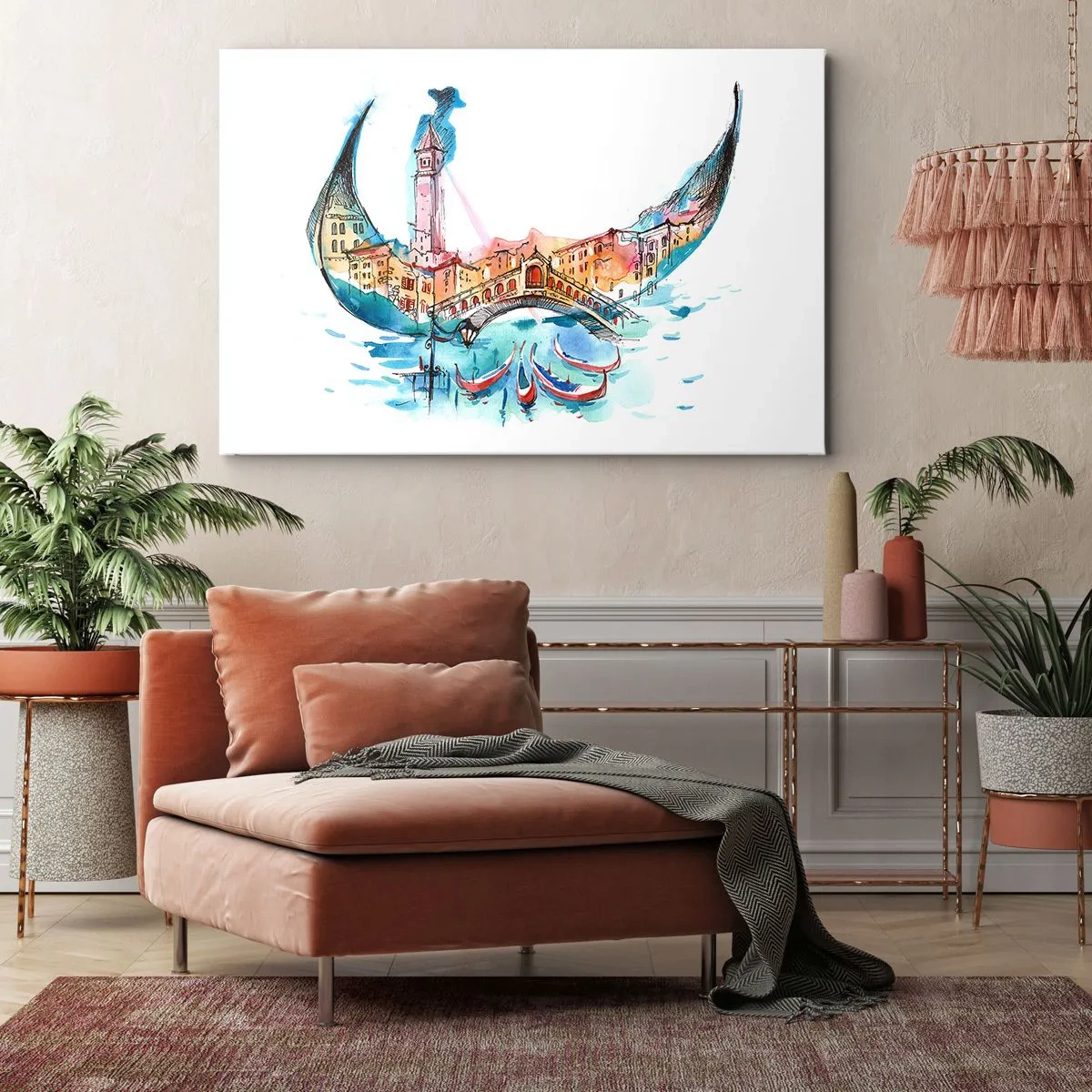 Cuadro sobre lienzo - Impresión de Imagen - Una composición de acuarela de Venecia en forma de góndola. - 70x50cm - Navegamos por la ciudad - Decoración de pared moderna para salón y dormitorio ARTTOR