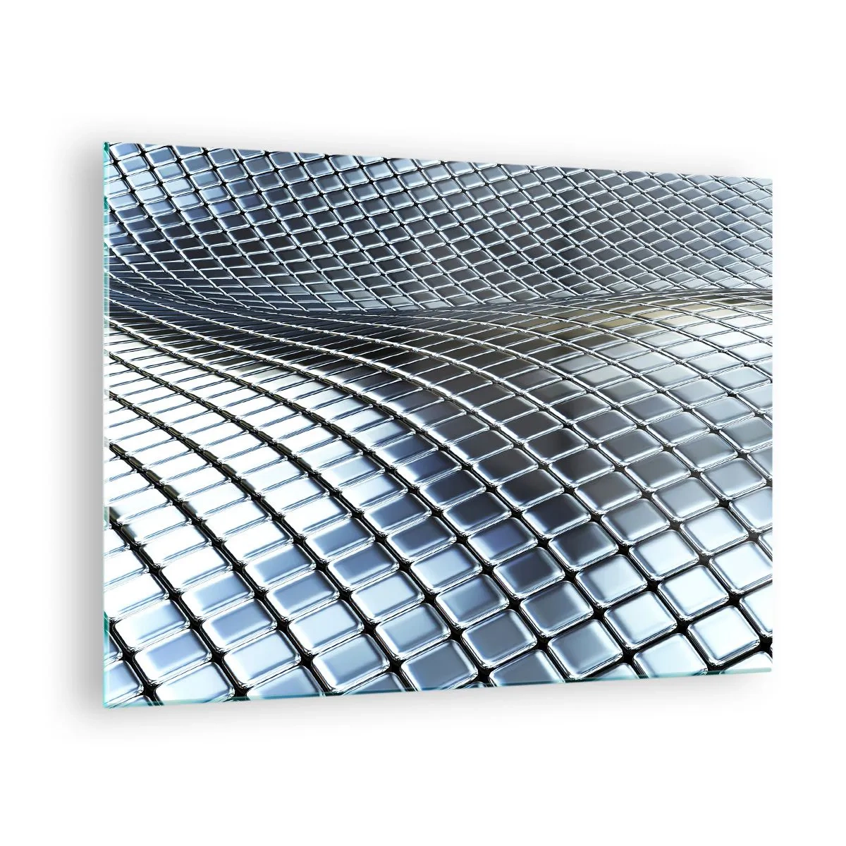 Cuadro sobre vidrio - Impresiones sobre Vidrio - Superficie abstracta con cuadrados metálicos brillantes. - 70x50cm - Ola de plata - Decoración de pared moderna para salón y dormitorio ARTTOR