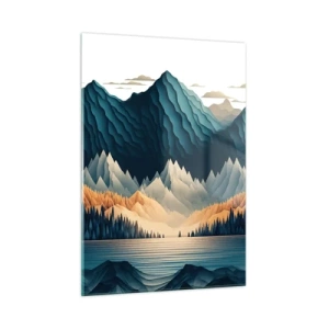 Cuadro sobre vidrio - Impresiones sobre Vidrio - Paisaje de montaña estilizado con un bosque y un lago. - 50x70cm - Paisaje perfecto de montañas - Decoración de pared moderna para salón y dormitorio ARTTOR