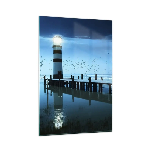 Cuadro sobre vidrio - Impresiones sobre Vidrio - El faro del muelle iluminado por la noche. - 80x120cm - Sin miedo a la oscuridad - Decoración de pared moderna para salón y dormitorio ARTTOR