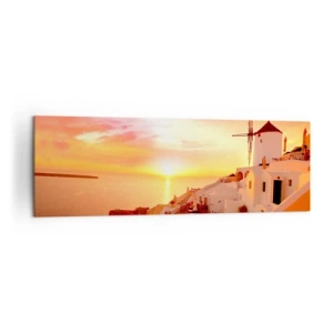 Cuadro sobre lienzo - Impresión de Imagen - Santorini al atardecer con un molino de viento - 160x50cm - Blanco y dorado - Decoración de pared moderna para salón y dormitorio ARTTOR
